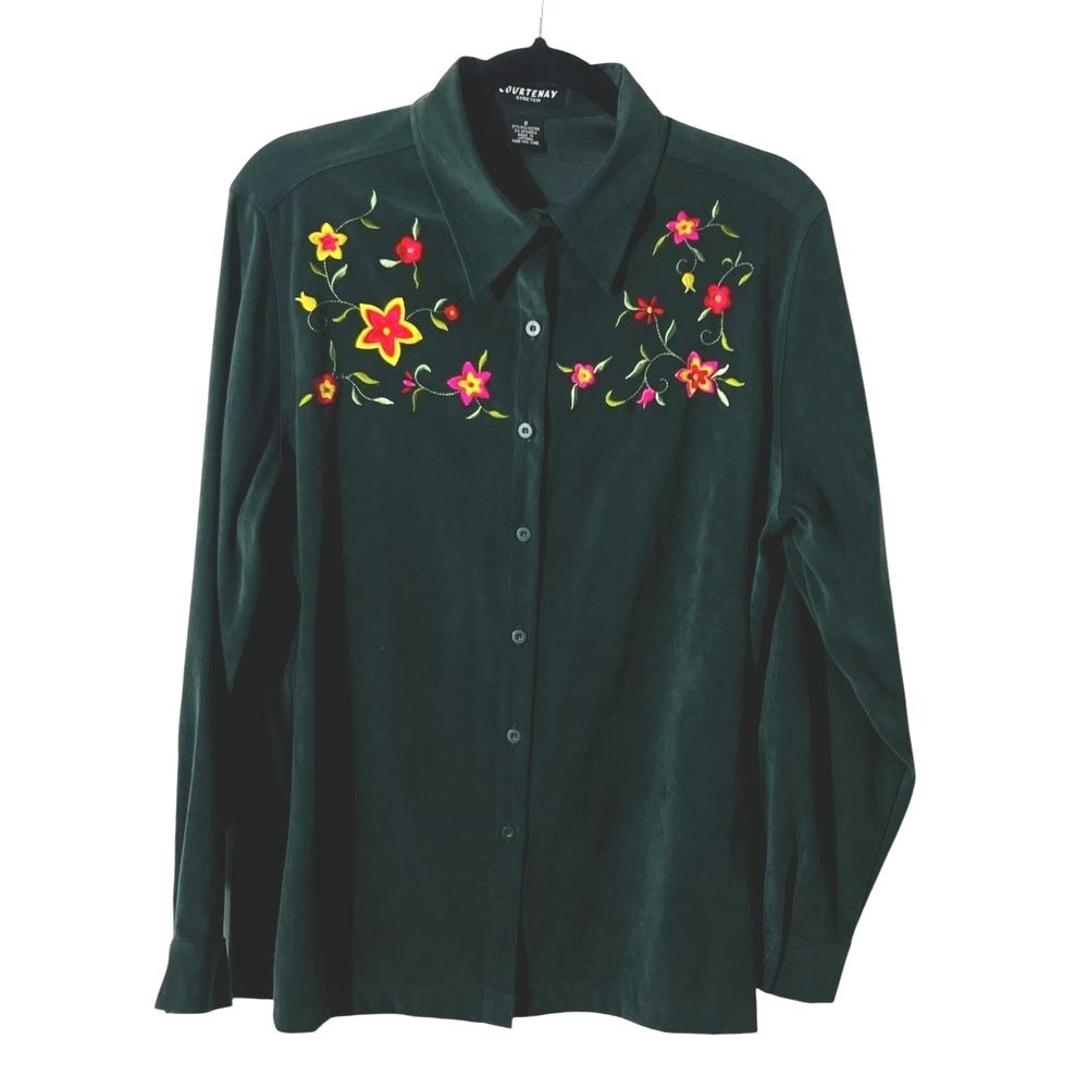 Courtenay Stretch Womens 8 Green Floral Embroidered Button Front Blouse Top Boho